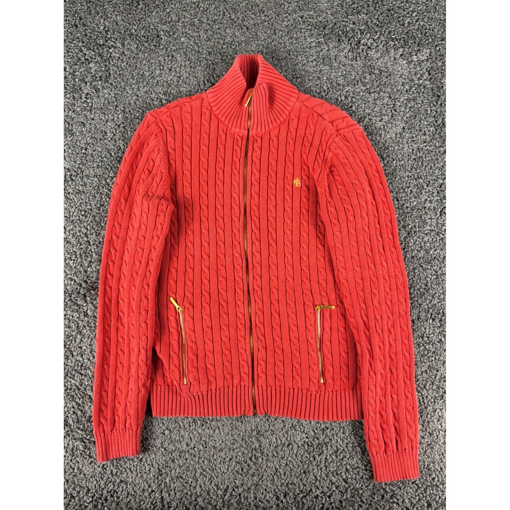 Lauren Ralph Lauren Red Cable Knit Full Zip Cardigan Sweater Gold Hardware L